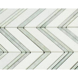 Thassos White Marble Polished Large Chevron Mosaic Tile w / Ming-Green Dots Strips